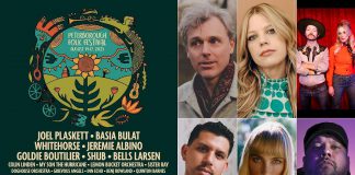 The lineup for the 36th annual Peterborough Folk Festival from August 14 to 17, 2025 includes headliners Joel Plaskett, Basia Bulat, Whitehorse, Jeremie Albino, Goldie Boultilier, and Shub. (kawarthaNOW collage, with festival logo by Brooklin Stormie)