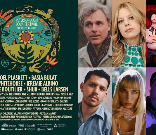 The lineup for the 36th annual Peterborough Folk Festival from August 14 to 17, 2025 includes headliners Joel Plaskett, Basia Bulat, Whitehorse, Jeremie Albino, Goldie Boultilier, and Shub. (kawarthaNOW collage, with festival logo by Brooklin Stormie)