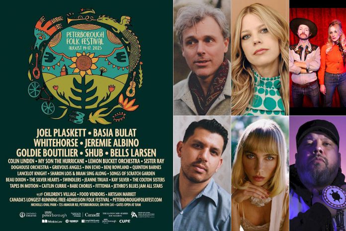 The lineup for the 36th annual Peterborough Folk Festival from August 14 to 17, 2025 includes headliners Joel Plaskett, Basia Bulat, Whitehorse, Jeremie Albino, Goldie Boultilier, and Shub. (kawarthaNOW collage, with festival logo by Brooklin Stormie) The lineup for the 36th annual Peterborough Folk Festival from August 14 to 17, 2025 includes headliners Joel Plaskett, Basia Bulat, Whitehorse, Jeremie Albino, Goldie Boultilier, and Shub. (kawarthaNOW collage, with festival logo by Brooklin Stormie)