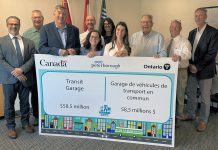 Federal, provincial, and city politicans and staff gathered at Peterborough city hall on July 10, 2025 for the announcement of $42.9 million in collective funding from the Canada and Ontario governments for a new $58.5-million 10,500-square-metre public transit garage and maintenance facility in the City of Peterborough. (Photo: City of Peterborough)