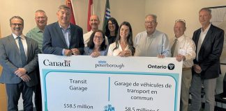 Federal, provincial, and city politicans and staff gathered at Peterborough city hall on July 10, 2025 for the announcement of $42.9 million in collective funding from the Canada and Ontario governments for a new $58.5-million 10,500-square-metre public transit garage and maintenance facility in the City of Peterborough. (Photo: City of Peterborough)