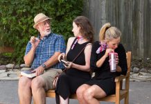 Wyatt Lamoureux, Alison Beckwith, and Jean Parker performing in Dave Carley's short play "Like A Blueberry Goldfish" during the 10-Minute Play Series at the 2024 Port Hope Arts Festival. Carley's play "Carpool" and Lamoureux's play "Small Talk" are among the 12 plays that will be staged at six outdoor locations during the 10-Minute Play Series at the Port Hope Arts Festival on August 9, 2025 and also the following day during 10-Minute Sunday, which will feature 10 plays staged at the Peterborough Theatre Guild at 2 p.m. and 7 p.m. (Photo: Ken Solilo Photography)