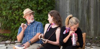 Wyatt Lamoureux, Alison Beckwith, and Jean Parker performing in Dave Carley's short play "Like A Blueberry Goldfish" during the 10-Minute Play Series at the 2024 Port Hope Arts Festival. Carley's play "Carpool" and Lamoureux's play "Small Talk" are among the 12 plays that will be staged at six outdoor locations during the 10-Minute Play Series at the Port Hope Arts Festival on August 9, 2025 and also the following day during 10-Minute Sunday, which will feature 10 plays staged at the Peterborough Theatre Guild at 2 p.m. and 7 p.m. (Photo: Ken Solilo Photography)