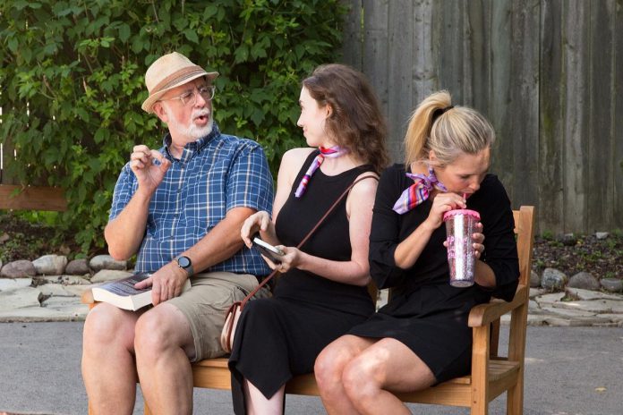 Wyatt Lamoureux, Alison Beckwith, and Jean Parker performing in Dave Carley's short play "Like A Blueberry Goldfish" during the 10-Minute Play Series at the 2024 Port Hope Arts Festival. Carley's play "Carpool" and Lamoureux's play "Small Talk" are among the 12 plays that will be staged at six outdoor locations during the 10-Minute Play Series at the Port Hope Arts Festival on August 9, 2025 and also the following day during 10-Minute Sunday, which will feature 10 plays staged at the Peterborough Theatre Guild at 2 p.m. and 7 p.m. (Photo: Ken Solilo Photography)