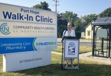 Port Hope mayor Olena Hankivsky speaks outside the Port Hope Walk-in Clinic at 99 Toronto Road on July 16, 2025, announcing the results of a recent 10-day fundraising campaign to support the clinic that raised more than $189,000, including a matching donation from the Port Hope & District Healthcare Foundation. The funds will allow for the hiring of nurse practitioners to increase the hours and days the clinic is open and also provide mental health services. (Photo: Municipality of Port Hope)