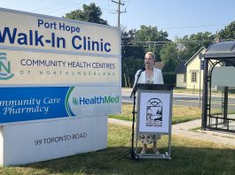 Port Hope mayor Olena Hankivsky speaks outside the Port Hope Walk-in Clinic at 99 Toronto Road on July 16, 2025, announcing the results of a recent 10-day fundraising campaign to support the clinic that raised more than $189,000, including a matching donation from the Port Hope & District Healthcare Foundation. The funds will allow for the hiring of nurse practitioners to increase the hours and days the clinic is open and also provide mental health services. (Photo: Municipality of Port Hope)