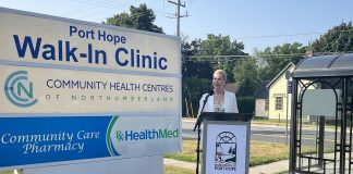 Port Hope mayor Olena Hankivsky speaks outside the Port Hope Walk-in Clinic at 99 Toronto Road on July 16, 2025, announcing the results of a recent 10-day fundraising campaign to support the clinic that raised more than $189,000, including a matching donation from the Port Hope & District Healthcare Foundation. The funds will allow for the hiring of nurse practitioners to increase the hours and days the clinic is open and also provide mental health services. (Photo: Municipality of Port Hope)