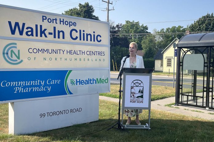 Port Hope mayor Olena Hankivsky speaks outside the Port Hope Walk-in Clinic at 99 Toronto Road on July 16, 2025, announcing the results of a recent 10-day fundraising campaign to support the clinic that raised more than $189,000, including a matching donation from the Port Hope & District Healthcare Foundation. The funds will allow for the hiring of nurse practitioners to increase the hours and days the clinic is open and also provide mental health services. (Photo: Municipality of Port Hope) Port Hope mayor Olena Hankivsky speaks outside the Port Hope Walk-in Clinic at 99 Toronto Road on July 16, 2025, announcing the results of a recent 10-day fundraising campaign to support the clinic that raised more than $189,000, including a matching donation from the Port Hope & District Healthcare Foundation. The funds will allow for the hiring of nurse practitioners to increase the hours and days the clinic is open and also provide mental health services. (Photo: Municipality of Port Hope)