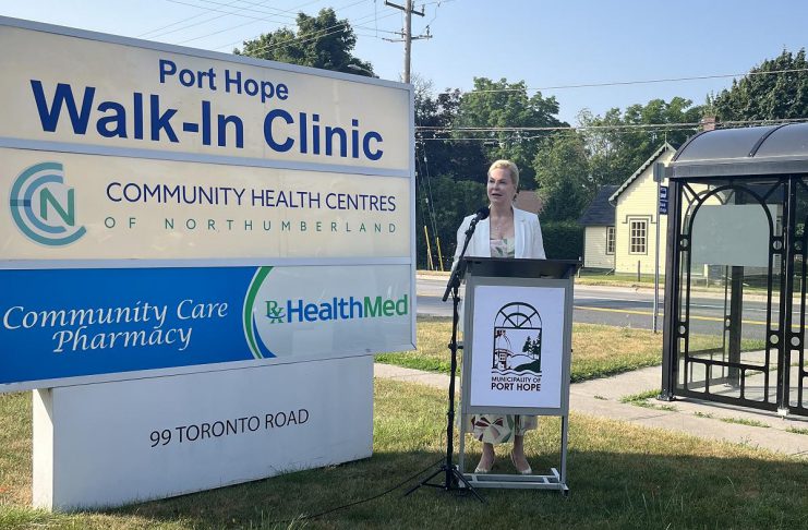 Port Hope mayor Olena Hankivsky speaks outside the Port Hope Walk-in Clinic at 99 Toronto Road on July 16, 2025, announcing the results of a recent 10-day fundraising campaign to support the clinic that raised more than $189,000, including a matching donation from the Port Hope & District Healthcare Foundation. The funds will allow for the hiring of nurse practitioners to increase the hours and days the clinic is open and also provide mental health services. (Photo: Municipality of Port Hope)