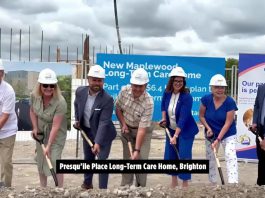 Ontario's long-term care minister Natalia Kusendova-Bashta and Northumberland-Peterborough South MPP David Piccini participated in a ground-breaking event on July 25, 2025 for Presqu'ile Place, a new 256-bed long-term care home in the Municipality of Brighton. (kawarthaNOW screenshot of video by office of Minister Kusendova-Basht)