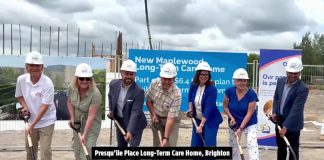 Ontario's long-term care minister Natalia Kusendova-Bashta and Northumberland-Peterborough South MPP David Piccini participated in a ground-breaking event on July 25, 2025 for Presqu'ile Place, a new 256-bed long-term care home in the Municipality of Brighton. (kawarthaNOW screenshot of video by office of Minister Kusendova-Basht)
