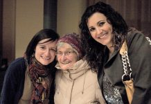 The late Erin Sullivan (left), pictured with her grandmother and her friend Megan Murphy at the 2013 ReFrame Film Festival, where Murphy screened her short documentary "Shelf Life" about Sullivan living with cystic fibrosis. 4th Line Theatre will donate $2 from every ticket sold for the August 24, 2025 performance of Murphy's play "Wild Irish Geese" to One City Peterborough and its campaign to pay off the mortgage of the Erin Sullivan House supporting individuals coming out of homelessness. (Photo: ReFrame Film Festival)