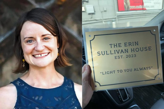 Late Ennismore resident Erin Sullivan and a plaque identifying the four-bedroom home operated by One City Peterborough for people coming out of homelessness that was named in her honour. (kawarthaNOW collage)
