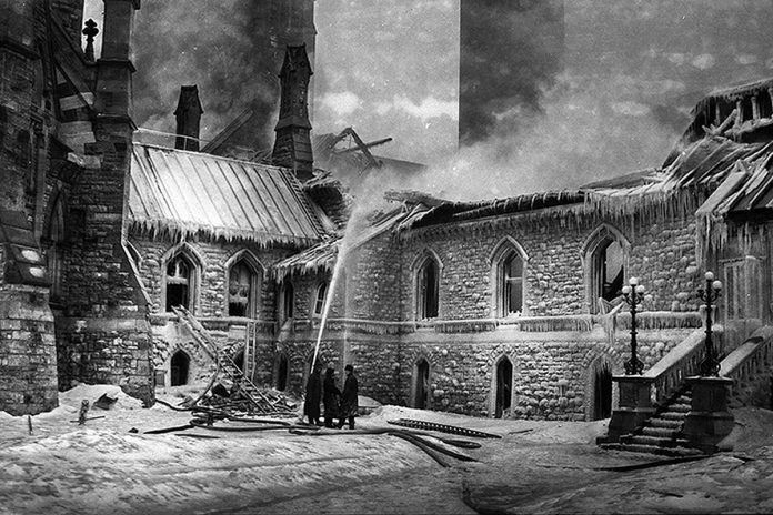 In Amy Terrill's historical novel "No Secrets Among Sisters," the February 1916 fire that destroyed Canada's Parliament buildings in Ottawa is a key event. The fire broke out in the reading room of the Centre Block, killing seven people including one member of Parliament. All of the Centre Block burned down except for the Library of Parliament, which is the only part of the original Centre Block that remains today after it was rebuilt. (Photo: Library and Archives Canada)