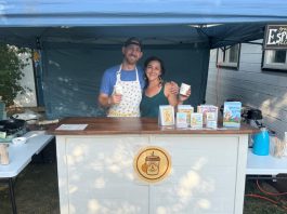 Bannock & Bean founder Katie Beaver with her partner Adrian Thomas. The Anishinaabe artist began her mobile business this summer to serve fresh bannock, good coffee, and other treats at festivals and events around Peterborough. Bannock & Bean also sells Beaver's original, cheeky beaver-themed cards, magnets, and stickers. (Photo courtesy of Bannock & Bean)