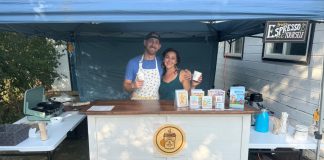Bannock & Bean founder Katie Beaver with her partner Adrian Thomas. The Anishinaabe artist began her mobile business this summer to serve fresh bannock, good coffee, and other treats at festivals and events around Peterborough. Bannock & Bean also sells Beaver's original, cheeky beaver-themed cards, magnets, and stickers. (Photo courtesy of Bannock & Bean)