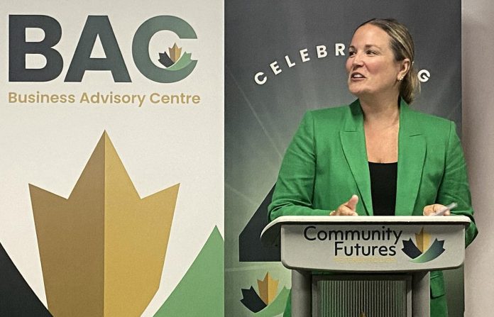 Community Futures Peterborough Devon Girard speaks during an event on August 13, 2025 at Venture North in downtown Peterborough celebrating the six young entrepreneurs who graduated from the Summer Company program. (Photo: Paul Rellinger / kawarthaNOW)