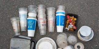 Clean Up Peterborough founder Steve Paul went through two bags of plastic, collected during spring clean-ups organized by the grassroots volunteer environmental group, to identify the different types of plastics used. Pictured are items made of #5 plastic, also known as polypropylene. Despite being accepted by curbside recycling programs, #5 plastic is one of the least recycled plastics in Canada, with estimates showing less than five per cent ever gets recycled. Paul is planning a new micro-recycling and makerspace initiative called Second Nature Studio that will initially make use of #5 plastic before expanding to include other plastics. (Photo: Steve Paul)