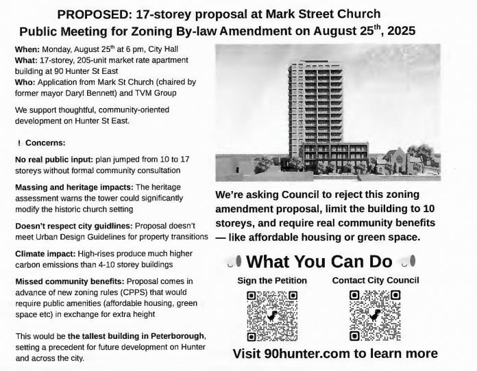 A flyer distributed to residents in the East City neighbourhood around the proposed 17-storey residential-commercial building at 90 Hunter Street East beside Mark Street United Church. (Photo: Bruce Head / kawarthaNOW)