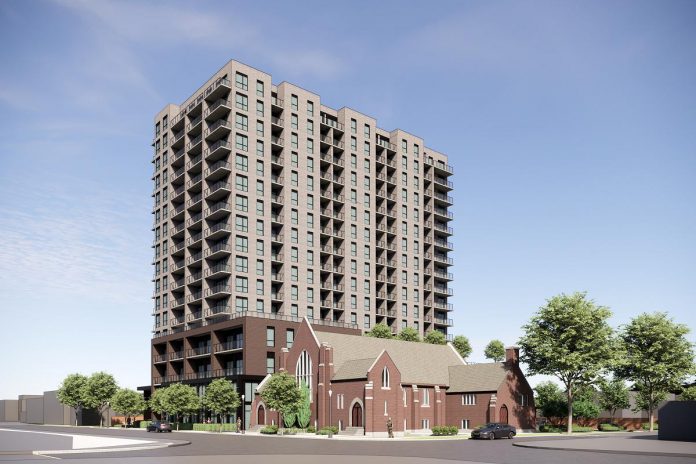 A rendering of TVM Group's proposed 17-storey residential-commercial building at 90 Hunter Street East beside Mark Street United Church in Peterborough's East City, which includes a four-storey parking garage. If approved by the city, the building would be the tallest in Peterborough to date. (Graphic: RAW Design Inc.)
