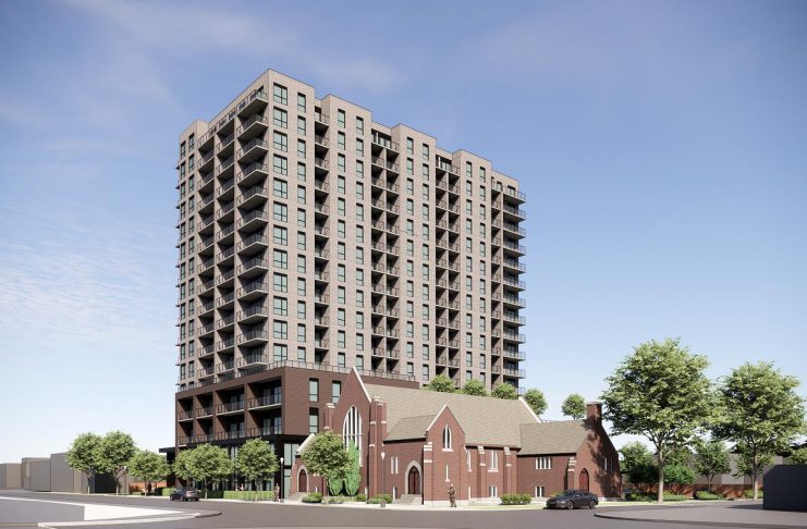 A rendering of TVM Group's proposed 17-storey residential-commercial building at 90 Hunter Street East beside Mark Street United Church in Peterborough's East City, which includes a four-storey parking garage. If approved by the city, the building would be the tallest in Peterborough to date. (Graphic: RAW Design Inc.)