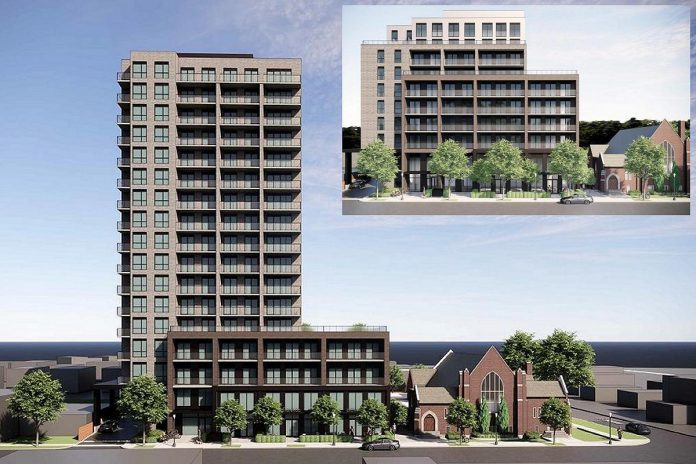 A rendering of TVM Group's proposed 17-storey residential-commercial building at 90 Hunter Street East beside Mark Street United Church in Peterborough's East City, with the inset image a rendering of the originally proposed 10-storey building. (Graphics: RAW Design Inc.)