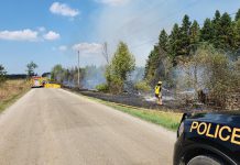 An out-of-control brush fire began burning south of Kirkfield in Kawartha Lakes on August 11, 2025. Prospect Road is closed from County Road 48 to Eldon Station Road for emergency services to control the fire. (Photo: Ontario Provincial Police)