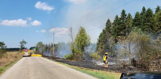 An out-of-control brush fire began burning south of Kirkfield in Kawartha Lakes on August 11, 2025. Prospect Road is closed from County Road 48 to Eldon Station Road for emergency services to control the fire. (Photo: Ontario Provincial Police)