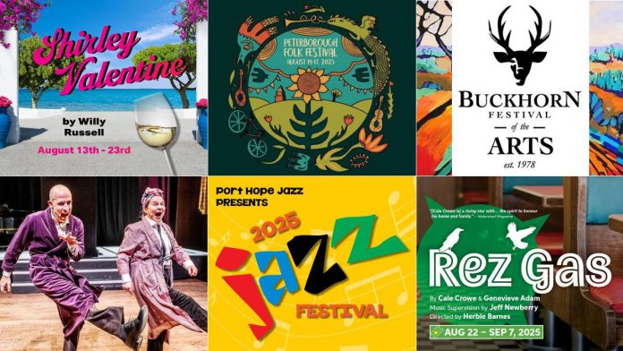 encoreNOW for August 11, 2025 features (from left to right, top and bottom) "Shirley Valentine" at Globus Theatre in Bobcaygeon, the Peterborough Folk Festival at Nicholls Oval Park in Peterborough, the Buckhorn Festival of the Arts at the Buckhorn Community Centre, Kerry Griffin and Linda Kash at the Jalynn Bennett Amphitheatre at Traill College in Peterborough, the Port Hope Jazz Festival at various venues in Port Hope, and "Rez Gas" at Port Hope's Capitol Theatre. (kawarthaNOW collage)