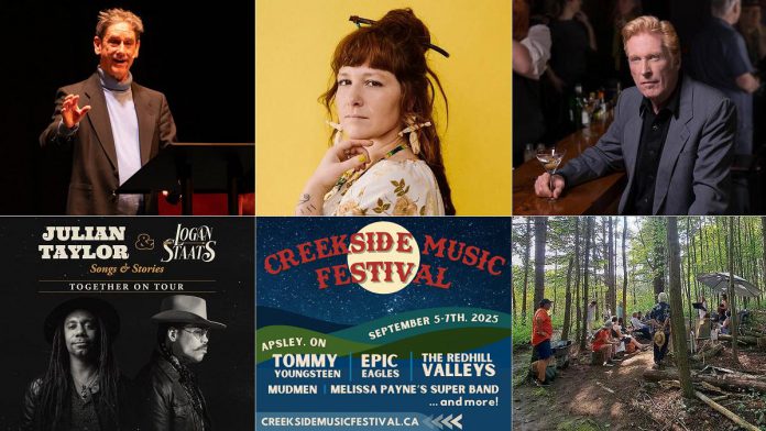 encoreNOW for August 25, 2025 features (from left to right, top and bottom) Martin Julien performing "Magic Lies: An Evening with W.O. Mitchell" for New Stages Theatre, Mimi O'Bonsawin, Russell deCarle, Julian Taylor and Logan Staats, Creekside Music Festival, and the Peterborough Symphony Orchestra's Musical Nature Walk at Tecasy Ranch. (kawarthaNOW collage encoreNOW for August 25, 2025 features (from left to right, top and bottom) Martin Julien performing "Magic Lies: An Evening with W.O. Mitchell" for New Stages Theatre, Mimi O'Bonsawin, Russell deCarle, Julian Taylor and Logan Staats, Creekside Music Festival, and the Peterborough Symphony Orchestra's Musical Nature Walk at Tecasy Ranch. (kawarthaNOW collage