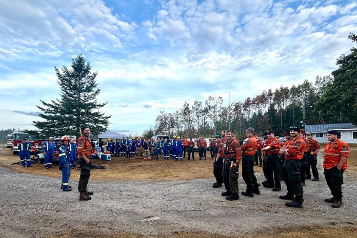 Crews during a briefing before heading out to fight fire OFR001 south of Kirkfield, which began on August 9, 2025 and has since grown to 33.5 hectares in size. There are currently are 63 staff at the site of the fire, including Kawartha Lakes Fire and Rescue staff and 26 staff from the Ministry of Natural Resources. (Photo courtesy of City of Kawartha Lakes)