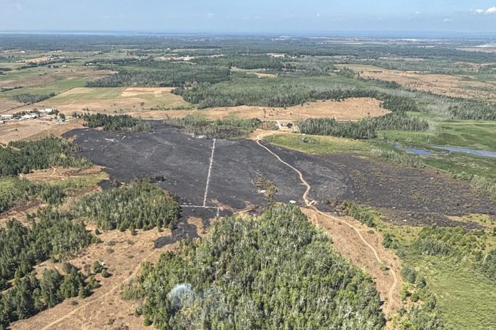 An aerial view from an MNR helicopter of a portion of the damage caused by fire OFR001 south of Kirkfield, which began on August 9, 2025 and has since grown to 33.5 hectares in size. (Photo courtesy of City of Kawartha Lakes)