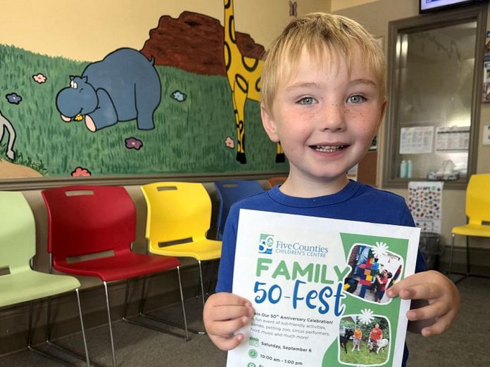 Five Counties Children's Centre is inviting current and former clients, families, supporters, volunteers, and community members to help celebrate its 50th anniversary in 2025 at free Family 50-Fest events in Linsday on September 6 and in Peterborough on September 27. Pictured is Cabe, a current client of the regional children's treatment centre that has supported children with physical, developmental, and communication needs since 1975. (Photo: Five Counties)