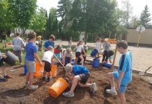 Schoolyard greening projects led by GreenUP include playful, hands-on, educational opportunities for students to plant trees, shrubs, and fruit at their school. As part of the "Reconciling with the Land" initiative, students at St. John Catholic Elementary School in Peterborough were eager to work as a class, adding compost and mulch to areas where they planted trees, shrubs, and berry bushes. (Photo: GreenUP)