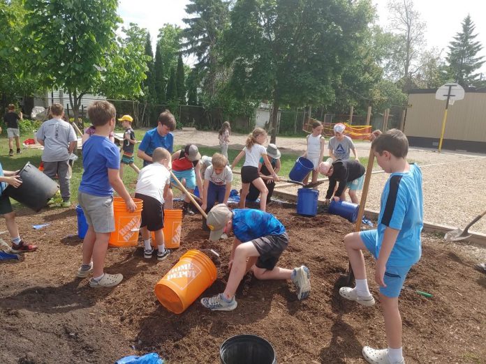 Schoolyard greening projects led by GreenUP include playful, hands-on, educational opportunities for students to plant trees, shrubs, and fruit at their school. As part of the "Reconciling with the Land" initiative, students at St. John Catholic Elementary School in Peterborough were eager to work as a class, adding compost and mulch to areas where they planted trees, shrubs, and berry bushes. (Photo: GreenUP) Schoolyard greening projects led by GreenUP include playful, hands-on, educational opportunities for students to plant trees, shrubs, and fruit at their school. As part of the "Reconciling with the Land" initiative, students at St. John Catholic Elementary School in Peterborough were eager to work as a class, adding compost and mulch to areas where they planted trees, shrubs, and berry bushes. (Photo: GreenUP)