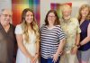 Haliburton Highlands Healthy Democracy Project (HHHDP) steering committee members Sean Pennylegion, Jessica Slade, Lauren Hunter, Barrie Martin, and Carol Moffatt in front of part of a textile collection by local artist Wendy Wood at The Link in Haliburton. To help promote greater civic engagement in the 2026 municipal election and beyond, the grassroots community group is hosting a four-part "Voices & Votes" speaker series with the first two events this fall. (Photo: HHHDP)