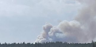 HAL019, a forest fire burning out of control in the area of County Road 49 and County Road 121 between Bobcaygeon and Kinmount in Kawartha Lakes, pictured from Bass Lake. (Photo: Laura Mclennan / Facebook)