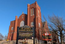 The New Canadians Centre at 221 Romaine Street in Peterborough is a non-profit organization supporting immigrants, refugees, and other newcomers to the Peterborough area that recently purchased its long-time home, the historic St. James United Church building that was built between 1908 and 1917. The church congregation continues to be a tenant in the building, along with St. James Players and the Kawartha Youth Orchestra. The building is one of the new additions to Doors Open Peterborough 2025, a free community event on Saturday, September 13 that invites visitors to tour 12 buildings and sites that are not typically not open to the public. (Photo: Bruce Head / kawarthaNOW)