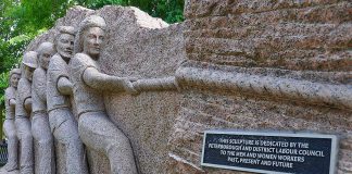 Labour Day celebrates worker solidarity, as pictured in this sculpture for workers at Millennium Park in Peterborough erected by the Peterborough and District Labour Council. The council is hosting its annual Labour Day BBQ and Celebration on September 1, 2025 from 11:30 a.m. to 2 p.m. at the Pavilion in Nicholls Oval Park in Peterborough featuring children's entertainment and live music. (Photo: Lester Balajadia)