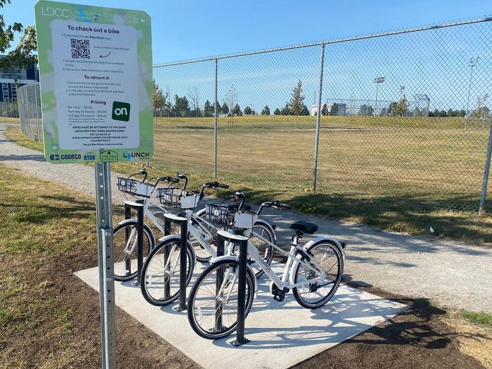 The Lindsay and District Chamber of Commerce has expanded its bike share program with new locations at Wilson Fields (pictured), Logie Park, and across from Victoria Park to provide residents and visitors of Lindsay with 25 rentable bikes across six locations. Made possible through support from the City of Kawartha Lakes Legacy C.H.E.S.T. Fund, the new bikes are intended to support tourism growth, engage new residents, and promote healthy communities. (Photo courtesy of Lindsay and District Chamber of Commerce) The Lindsay and District Chamber of Commerce has expanded its bike share program with new locations at Wilson Fields (pictured), Logie Park, and across from Victoria Park to provide residents and visitors of Lindsay with 25 rentable bikes across six locations. Made possible through support from the City of Kawartha Lakes Legacy C.H.E.S.T. Fund, the new bikes are intended to support tourism growth, engage new residents, and promote healthy communities. (Photo courtesy of Lindsay and District Chamber of Commerce)