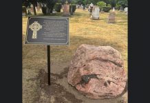 A memorial plaque and stone at St. Peter's Cemetery in Peterborough now marks the spot of a grave that contains the remains of Peter Robinson settlers and descendants that were moved to the newly opened cemetery in 1859. At the time the remains were moved, they could not be identified and were buried in a mass grave. (Photo: Nine Ships 1825)