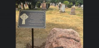A memorial plaque and stone at St. Peter's Cemetery in Peterborough now marks the spot of a grave that contains the remains of Peter Robinson settlers and descendants that were moved to the newly opened cemetery in 1859. At the time the remains were moved, they could not be identified and were buried in a mass grave. (Photo: Nine Ships 1825)