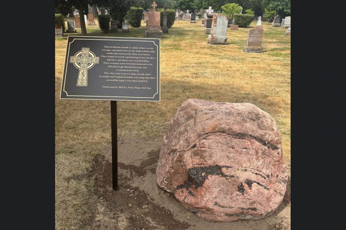 A memorial plaque and stone at St. Peter's Cemetery in Peterborough now marks the spot of a grave that contains the remains of Peter Robinson settlers and descendants that were moved to the newly opened cemetery in 1859. At the time the remains were moved, they could not be identified and were buried in a mass grave. (Photo: Nine Ships 1825) A memorial plaque and stone at St. Peter's Cemetery in Peterborough now marks the spot of a grave that contains the remains of Peter Robinson settlers and descendants that were moved to the newly opened cemetery in 1859. At the time the remains were moved, they could not be identified and were buried in a mass grave. (Photo: Nine Ships 1825)