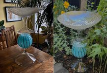 Peterborough resident Noella Koshul, a grief counsellor and end-of-life doula, crafts sparkling, colourful, and unique birdbaths made from second-hand serving platters, bowls, and other dishware that she finds at thrift stores and yard sales. Though originally a hobby to help her relax and de-stress from work, she now sells them through Facebook and Kijiji. (Photos courtesy of Noella Koshul)