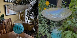 Peterborough resident Noella Koshul, a grief counsellor and end-of-life doula, crafts sparkling, colourful, and unique birdbaths made from second-hand serving platters, bowls, and other dishware that she finds at thrift stores and yard sales. Though originally a hobby to help her relax and de-stress from work, she now sells them through Facebook and Kijiji. (Photos courtesy of Noella Koshul)