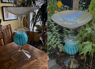 Peterborough resident Noella Koshul, a grief counsellor and end-of-life doula, crafts sparkling, colourful, and unique birdbaths made from second-hand serving platters, bowls, and other dishware that she finds at thrift stores and yard sales. Though originally a hobby to help her relax and de-stress from work, she now sells them through Facebook and Kijiji. (Photos courtesy of Noella Koshul)
