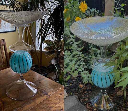 Peterborough resident Noella Koshul, a grief counsellor and end-of-life doula, crafts sparkling, colourful, and unique birdbaths made from second-hand serving platters, bowls, and other dishware that she finds at thrift stores and yard sales. Though originally a hobby to help her relax and de-stress from work, she now sells them through Facebook and Kijiji. (Photos courtesy of Noella Koshul)