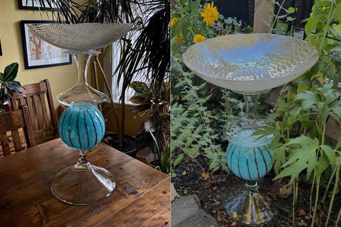 Peterborough resident Noella Koshul, a grief counsellor and end-of-life doula, crafts sparkling, colourful, and unique birdbaths made from second-hand serving platters, bowls, and other dishware that she finds at thrift stores and yard sales. Though originally a hobby to help her relax and de-stress from work, she now sells them through Facebook and Kijiji. (Photos courtesy of Noella Koshul) Peterborough resident Noella Koshul, a grief counsellor and end-of-life doula, crafts sparkling, colourful, and unique birdbaths made from second-hand serving platters, bowls, and other dishware that she finds at thrift stores and yard sales. Though originally a hobby to help her relax and de-stress from work, she now sells them through Facebook and Kijiji. (Photos courtesy of Noella Koshul)