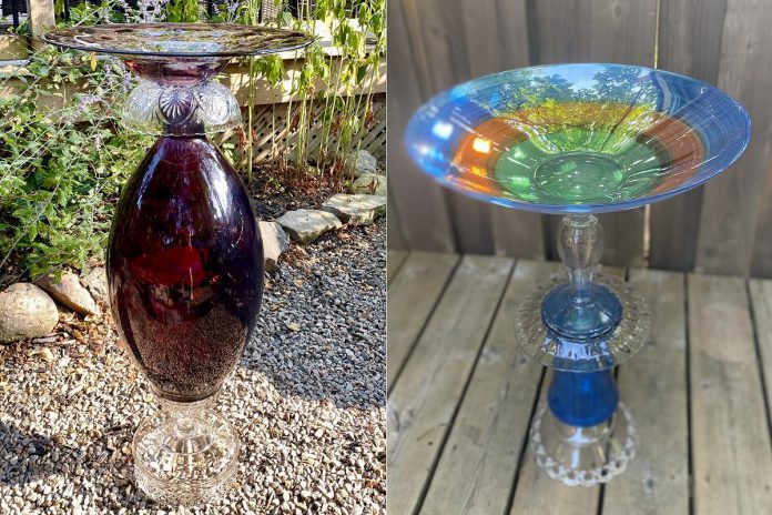 With no formal art training, Noella Koshul goes to thrift stores and yard sales to find dishware that is unique, colourful, and in interesting shapes to create one-of-a-kind bird baths. The birdbaths not only supply water to birds but also squirrels, chipmunks, and other garden critters who quickly become accustomed to the water source. (Photos courtesy of Noella Koshul)