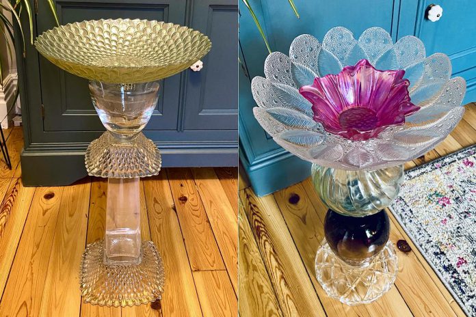 Noella Koshul often posts whimsical stories about her one-of-a-kind birdbaths when she posts them for sale on Facebook and Kijiji. With an "Art Deco" feel about the piece on the left, she notes it's a homage to the Chrysler Building. (Photos courtesy of Noella Koshul)